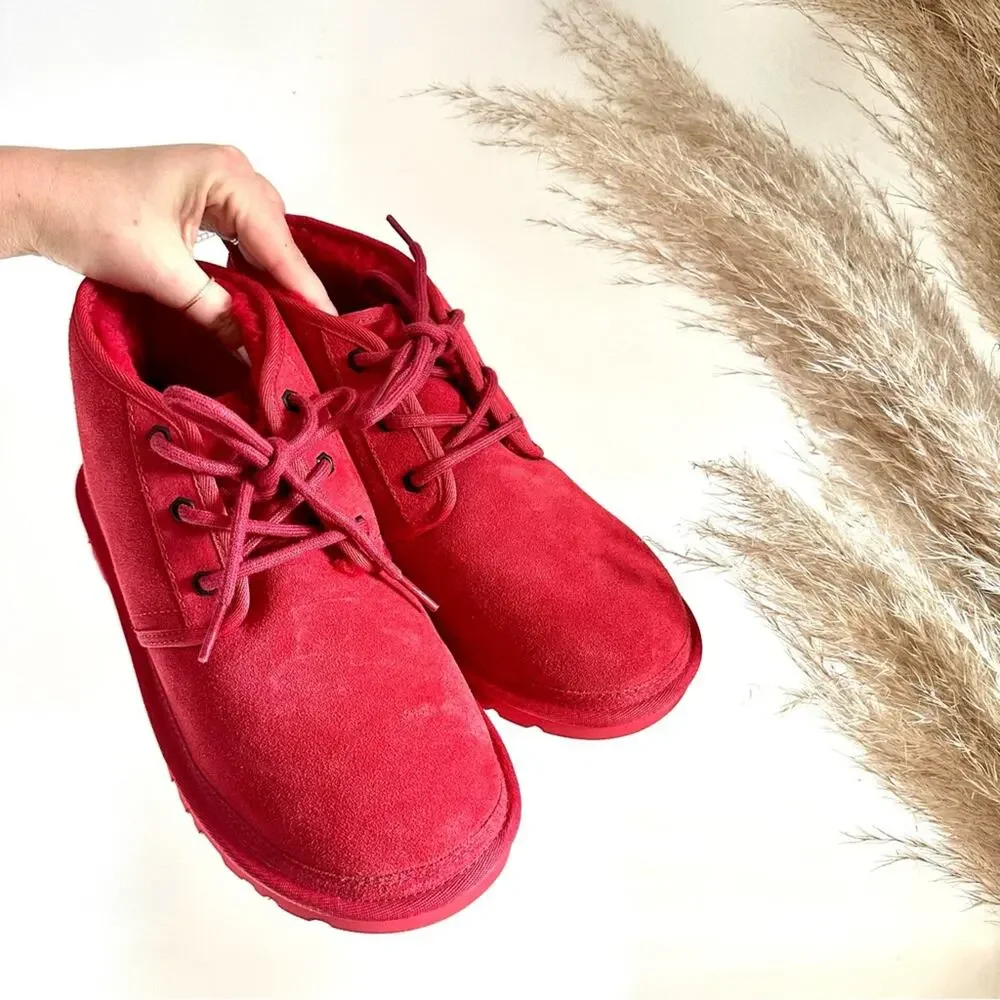 NEW UGG Suede Fur Lined Neumal Boot Lace Up Chukka Ankle Booties Samba Red 9